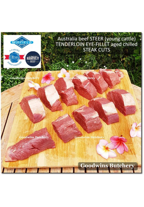 Beef Tenderloin Australia STEER young-cattle HARVEY aged by Goodwins whole cut as steaks +/-2.3kg price/kg CHILLED PREORDER (eye fillet mignon daging sapi has dalam)
